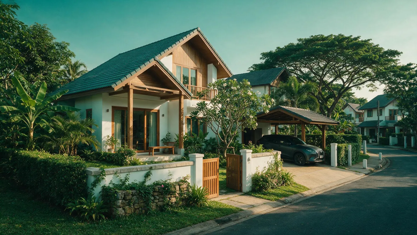 บ้านเดี่ยวสมัยใหม่ในซอยที่พักอาศัย มองจากถนน มีรั้วเตี้ย ประตูเปิด ต้นไม้ในสวน และที่จอดรถ